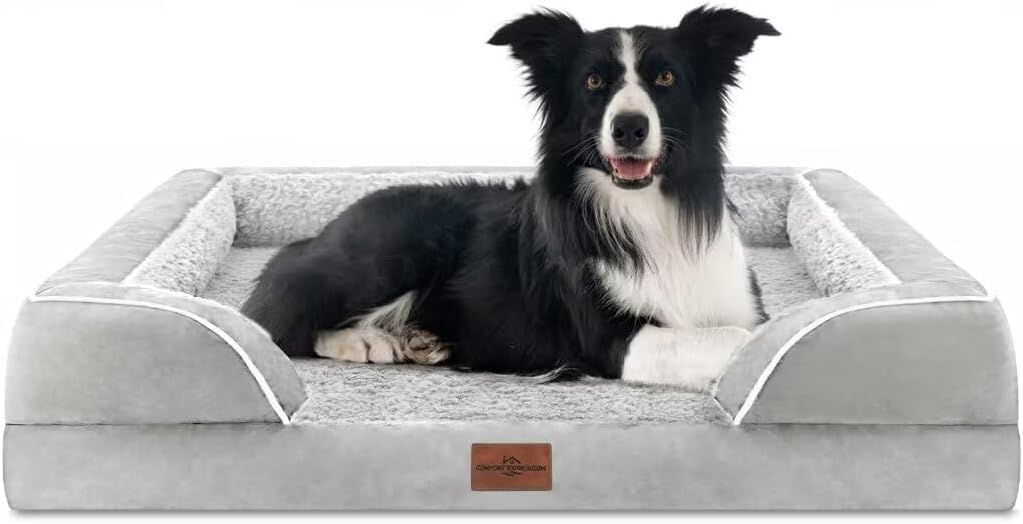 Comfort Expression Orthopedic Dog Bed for Extra Large Dogs 42x30 Inch, Waterproof Egg Crate Foam XL Pet Bed with Removable Bolsters, Dog Couch with Washable Cover & Non-Slip Bottom, Grey