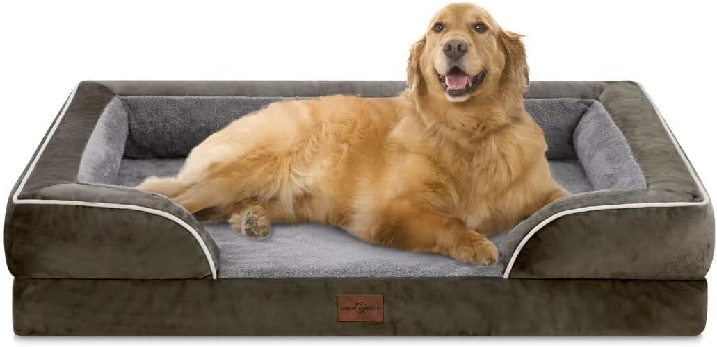 Comfort Expression Orthopedic Dog Bed for Extra Large Dogs 42x30 Inch, Waterproof Egg Crate Foam XL Pet Bed with Removable Bolsters, Dog Couch with Washable Cover & Non-Slip Bottom, Grey