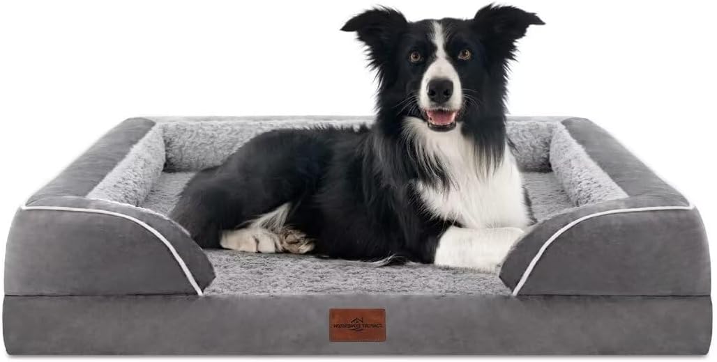 Comfort Expression Orthopedic Dog Bed for Extra Large Dogs 42x30 Inch, Waterproof Egg Crate Foam XL Pet Bed with Removable Bolsters, Dog Couch with Washable Cover & Non-Slip Bottom, Grey