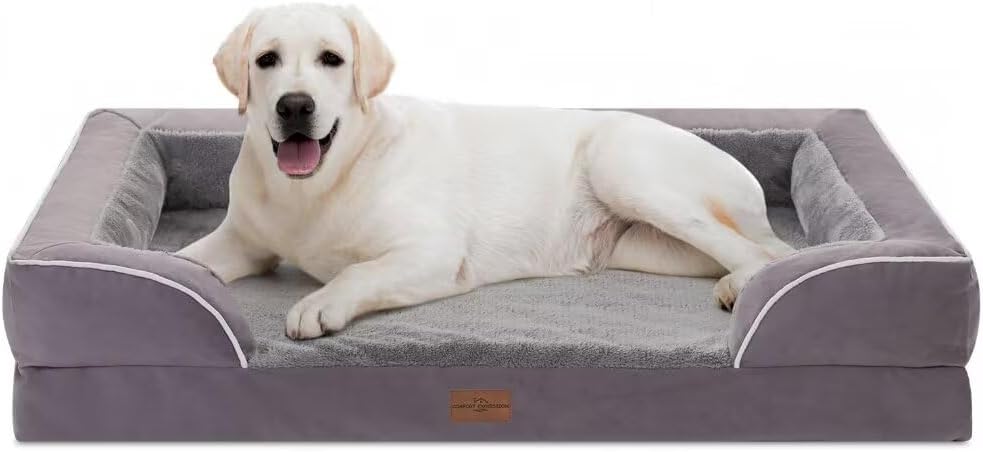 Comfort Expression Orthopedic Dog Bed for Extra Large Dogs 42x30 Inch, Waterproof Egg Crate Foam XL Pet Bed with Removable Bolsters, Dog Couch with Washable Cover & Non-Slip Bottom, Grey