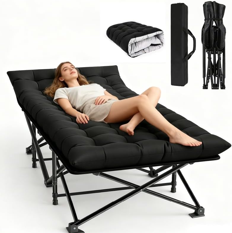 Oversized XXL Camping Cot,Folding Camping Cots for Adults Portable Folding Outdoor Bed w/Mat &Carry Bag,Heavy Duty Sleeping Cots for Outdoor Camp Beach Vacation (Dark Black with Comfortable Mattress)