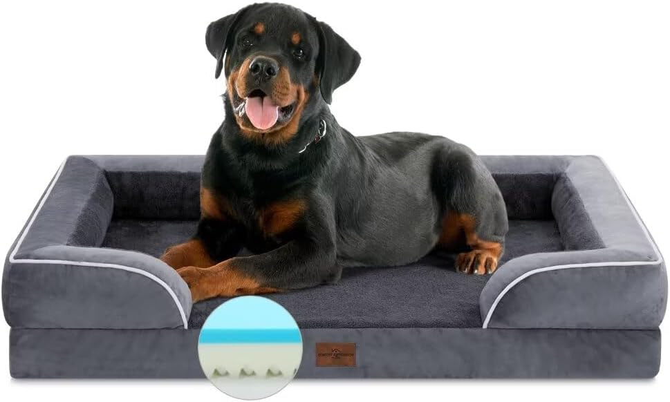 Comfort Expression Orthopedic Dog Bed for Extra Large Dogs 42x30 Inch, Waterproof Egg Crate Foam XL Pet Bed with Removable Bolsters, Dog Couch with Washable Cover & Non-Slip Bottom, Grey