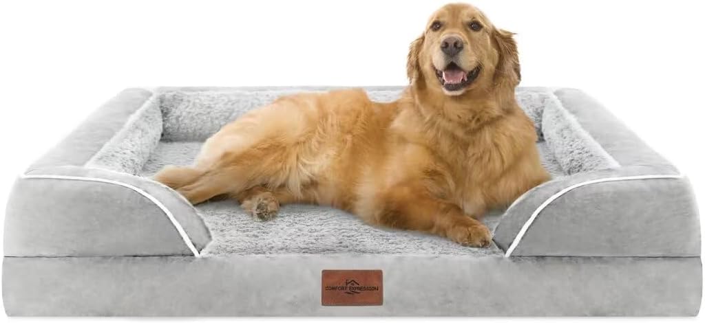 Comfort Expression Orthopedic Dog Bed for Extra Large Dogs 42x30 Inch, Waterproof Egg Crate Foam XL Pet Bed with Removable Bolsters, Dog Couch with Washable Cover & Non-Slip Bottom, Grey