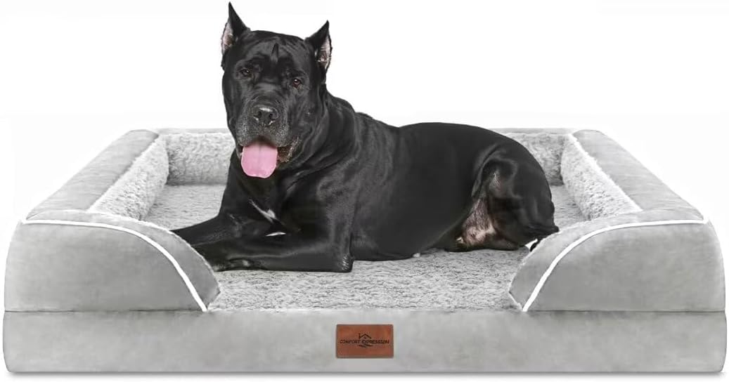 Comfort Expression Orthopedic Dog Bed for Extra Large Dogs 42x30 Inch, Waterproof Egg Crate Foam XL Pet Bed with Removable Bolsters, Dog Couch with Washable Cover & Non-Slip Bottom, Grey