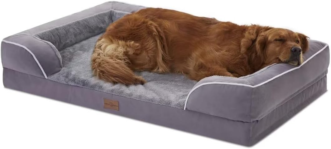 Comfort Expression Orthopedic Dog Bed for Extra Large Dogs 42x30 Inch, Waterproof Egg Crate Foam XL Pet Bed with Removable Bolsters, Dog Couch with Washable Cover & Non-Slip Bottom, Grey