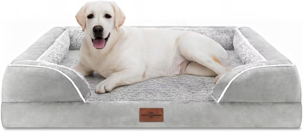 Comfort Expression Orthopedic Dog Bed for Extra Large Dogs 42x30 Inch, Waterproof Egg Crate Foam XL Pet Bed with Removable Bolsters, Dog Couch with Washable Cover & Non-Slip Bottom, Grey