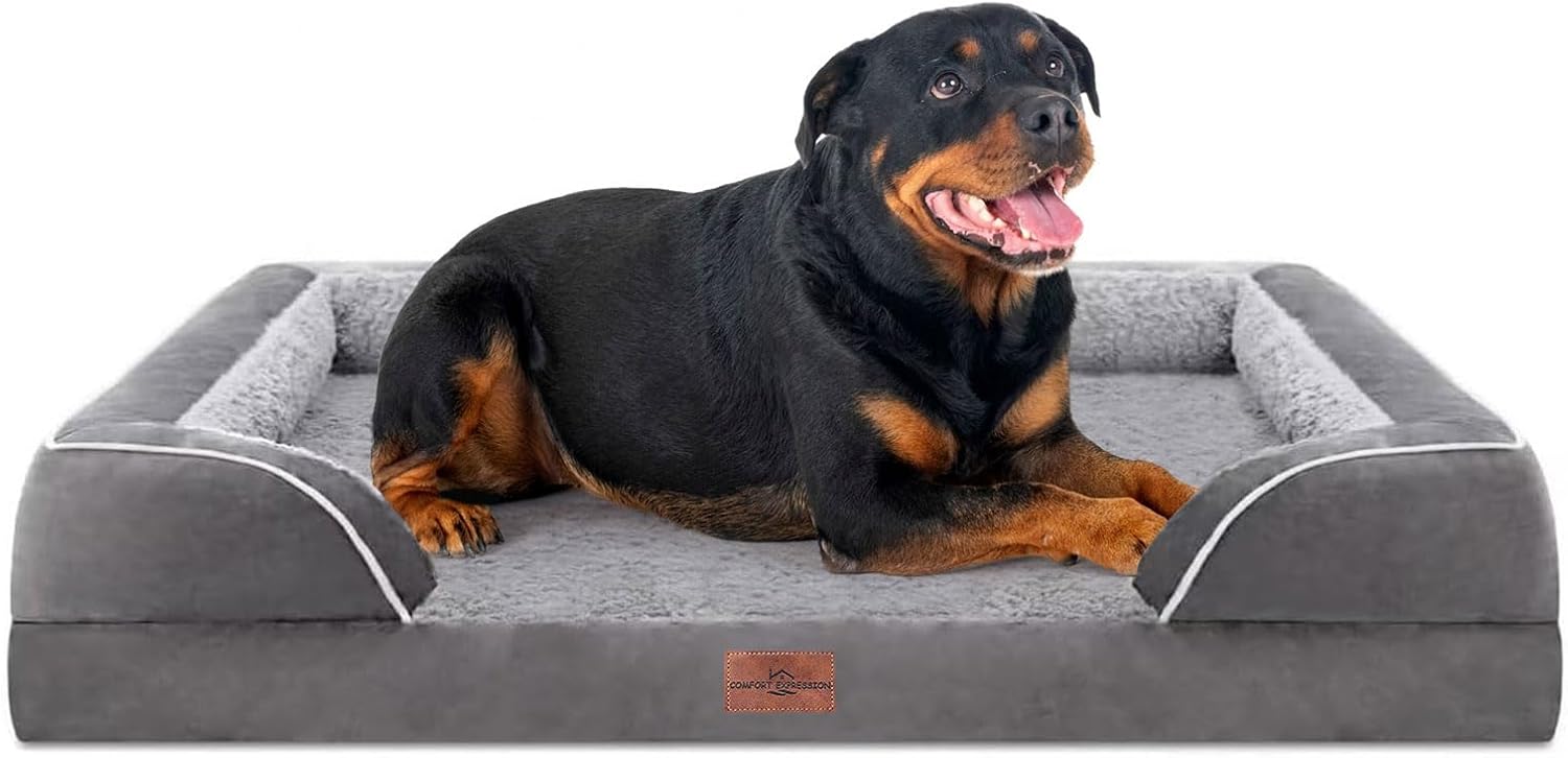 Comfort Expression Orthopedic Dog Bed for Extra Large Dogs 42x30 Inch, Waterproof Egg Crate Foam XL Pet Bed with Removable Bolsters, Dog Couch with Washable Cover & Non-Slip Bottom, Grey