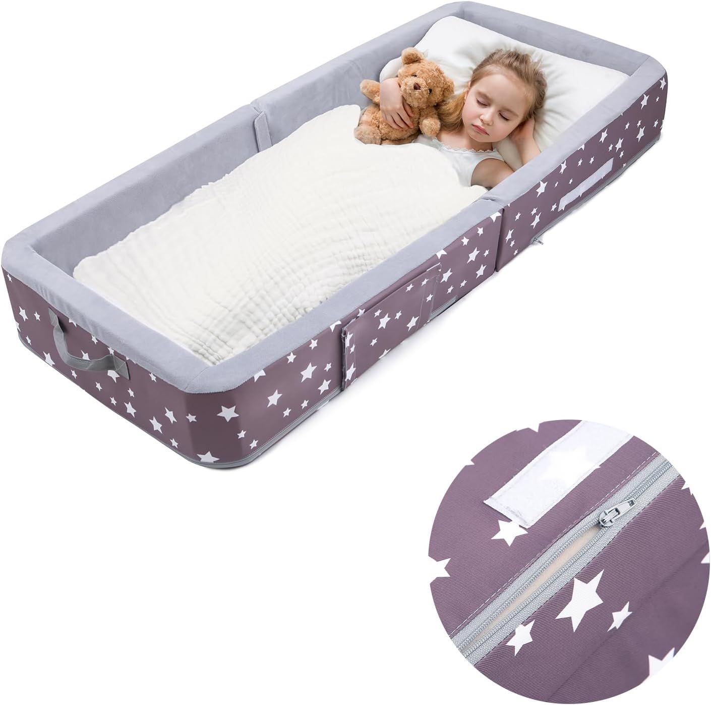 Mooedcoe Foldable Toddler Floor Bed with Sides, Folding Toddler Bed for Travel Kid Foam Sleeping Cot (Star), Grey