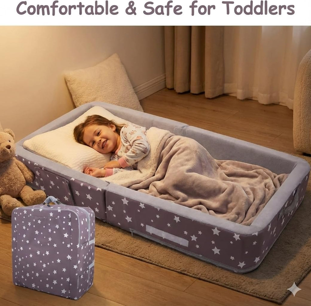 Mooedcoe Foldable Toddler Floor Bed with Sides, Folding Toddler Bed for Travel Kid Foam Sleeping Cot (Star), Grey