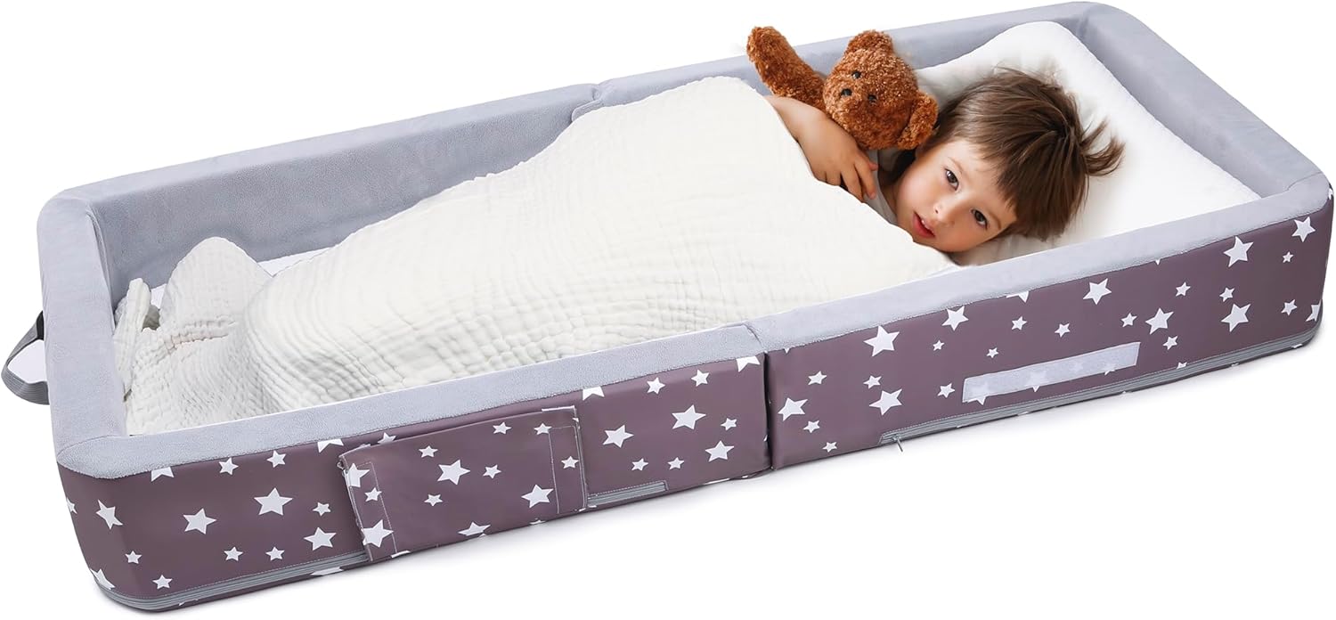 Mooedcoe Foldable Toddler Floor Bed with Sides, Folding Toddler Bed for Travel Kid Foam Sleeping Cot (Star), Grey