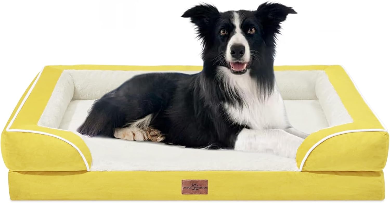 Comfort Expression Orthopedic Dog Bed for Extra Large Dogs 42x30 Inch, Waterproof Egg Crate Foam XL Pet Bed with Removable Bolsters, Dog Couch with Washable Cover & Non-Slip Bottom, Grey