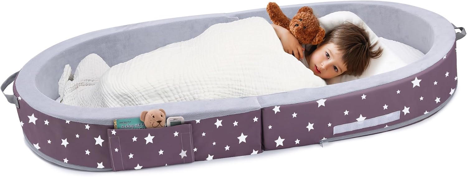 Mooedcoe Foldable Toddler Floor Bed with Sides, Folding Toddler Bed for Travel Kid Foam Sleeping Cot (Star), Grey