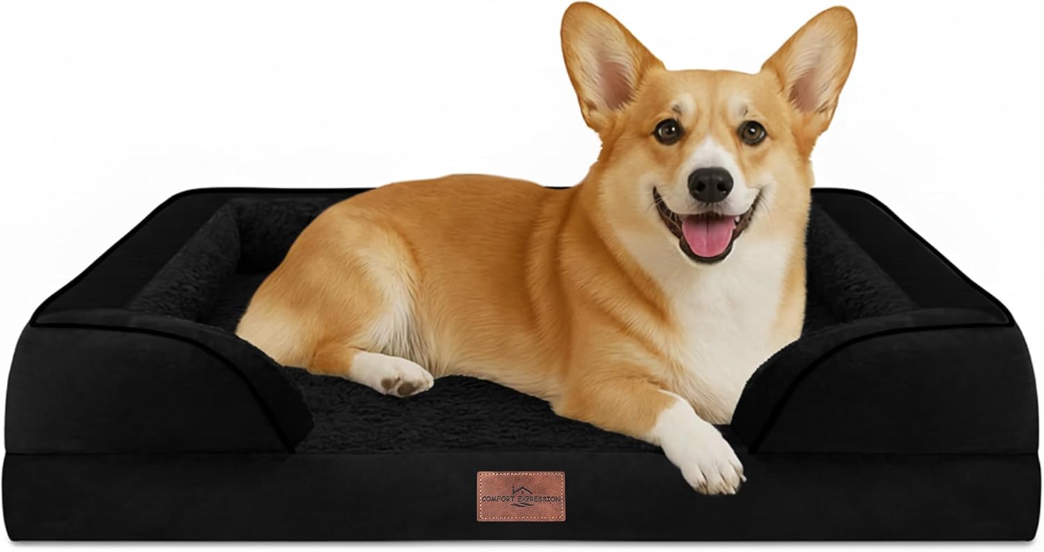 Comfort Expression Orthopedic Dog Bed for Extra Large Dogs 42x30 Inch, Waterproof Egg Crate Foam XL Pet Bed with Removable Bolsters, Dog Couch with Washable Cover & Non-Slip Bottom, Grey