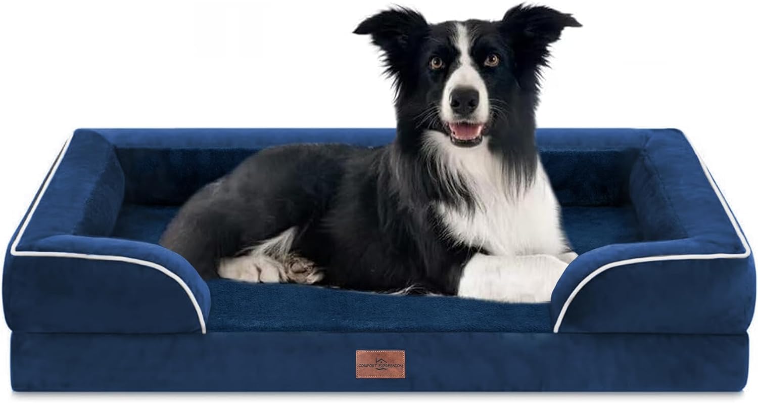 Comfort Expression Orthopedic Dog Bed for Extra Large Dogs 42x30 Inch, Waterproof Egg Crate Foam XL Pet Bed with Removable Bolsters, Dog Couch with Washable Cover & Non-Slip Bottom, Grey