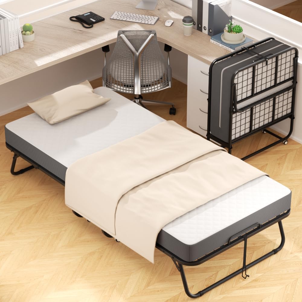 75" x 38" Twin Folding Bed with 5" Memory Foam Mattress – Foldable Rollaway Guest Bed with Wheels & Metal Frame, Portable for Apartments, Adults, and Home Use