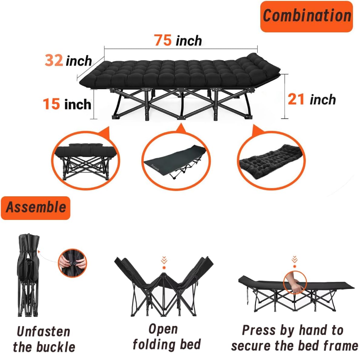 Oversized XXL Camping Cot,Folding Camping Cots for Adults Portable Folding Outdoor Bed w/Mat &Carry Bag,Heavy Duty Sleeping Cots for Outdoor Camp Beach Vacation (Dark Black with Comfortable Mattress)