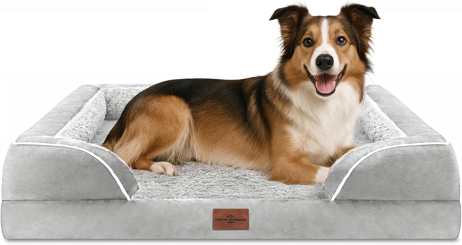Comfort Expression Orthopedic Dog Bed for Extra Large Dogs 42x30 Inch, Waterproof Egg Crate Foam XL Pet Bed with Removable Bolsters, Dog Couch with Washable Cover & Non-Slip Bottom, Grey