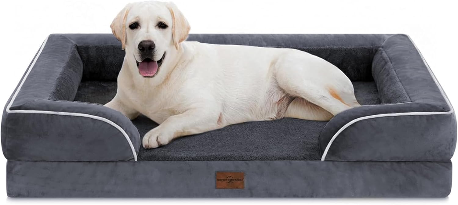 Comfort Expression Orthopedic Dog Bed for Extra Large Dogs 42x30 Inch, Waterproof Egg Crate Foam XL Pet Bed with Removable Bolsters, Dog Couch with Washable Cover & Non-Slip Bottom, Grey