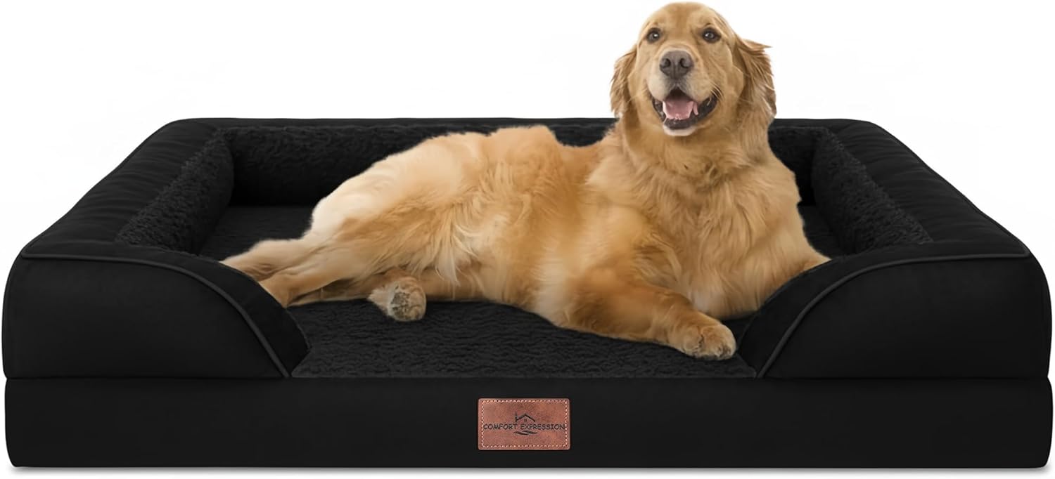 Comfort Expression Orthopedic Dog Bed for Extra Large Dogs 42x30 Inch, Waterproof Egg Crate Foam XL Pet Bed with Removable Bolsters, Dog Couch with Washable Cover & Non-Slip Bottom, Grey