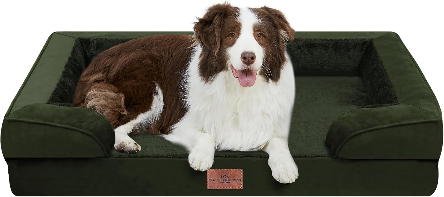 Comfort Expression Orthopedic Dog Bed for Extra Large Dogs 42x30 Inch, Waterproof Egg Crate Foam XL Pet Bed with Removable Bolsters, Dog Couch with Washable Cover & Non-Slip Bottom, Grey