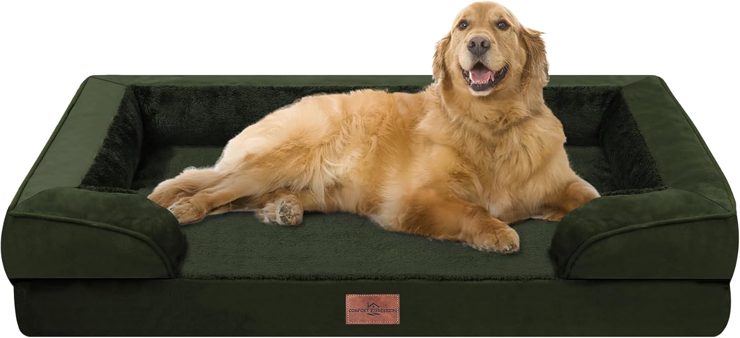 Comfort Expression Orthopedic Dog Bed for Extra Large Dogs 42x30 Inch, Waterproof Egg Crate Foam XL Pet Bed with Removable Bolsters, Dog Couch with Washable Cover & Non-Slip Bottom, Grey