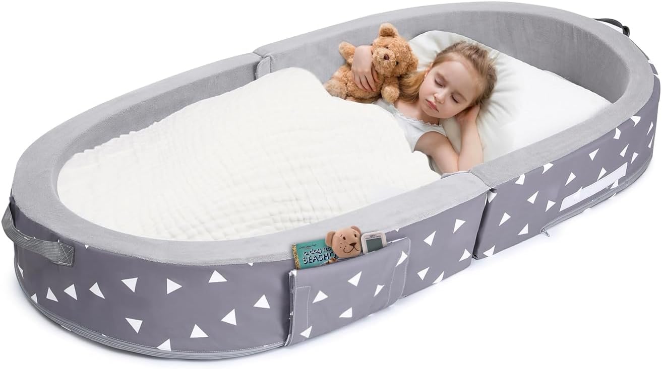 Mooedcoe Foldable Toddler Floor Bed with Sides, Folding Toddler Bed for Travel Kid Foam Sleeping Cot (Star), Grey