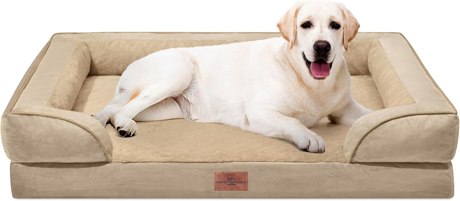 Comfort Expression Orthopedic Dog Bed for Extra Large Dogs 42x30 Inch, Waterproof Egg Crate Foam XL Pet Bed with Removable Bolsters, Dog Couch with Washable Cover & Non-Slip Bottom, Grey