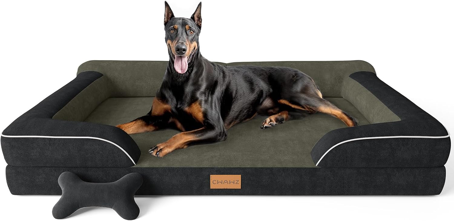 Extra Large Dog Bed, Orthopedic Dog Bed with Cooling Gel Memory Foam, Waterproof XL Pet Bed with Removable Washable Cover, 42" Pet Sofa Couch Dutch Velvet with Bone Toy, Light Gray