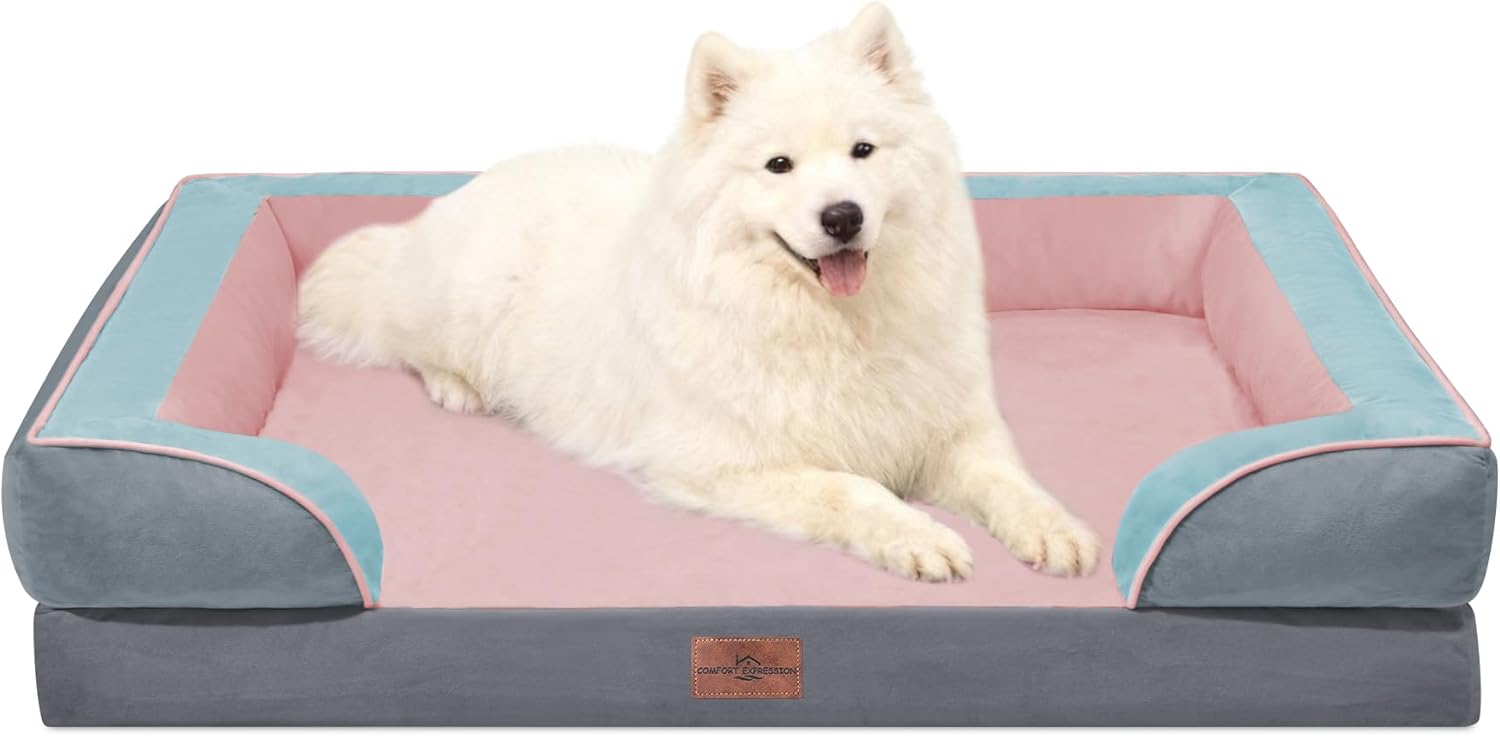 Comfort Expression Orthopedic Dog Bed for Extra Large Dogs 42x30 Inch, Waterproof Egg Crate Foam XL Pet Bed with Removable Bolsters, Dog Couch with Washable Cover & Non-Slip Bottom, Grey