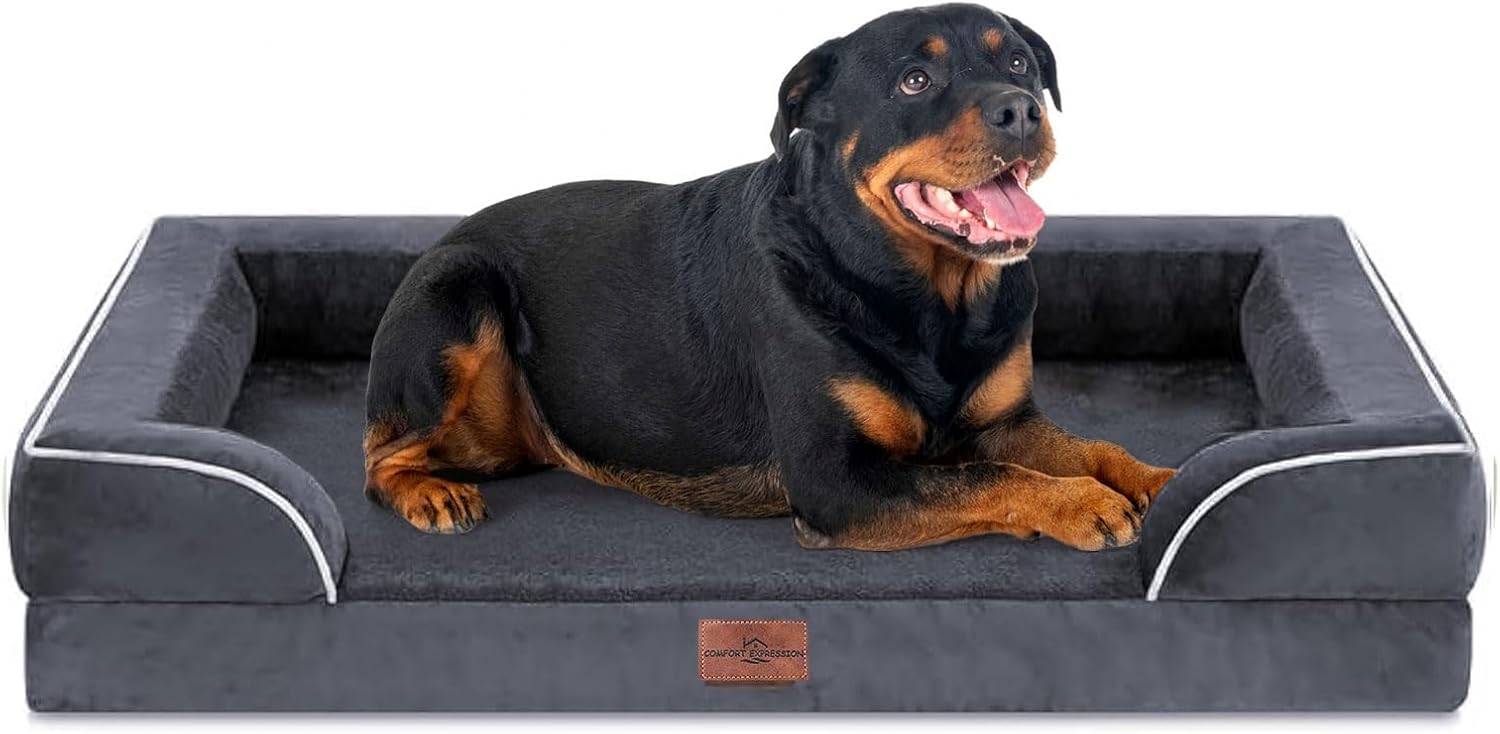 Comfort Expression Orthopedic Dog Bed for Extra Large Dogs 42x30 Inch, Waterproof Egg Crate Foam XL Pet Bed with Removable Bolsters, Dog Couch with Washable Cover & Non-Slip Bottom, Grey