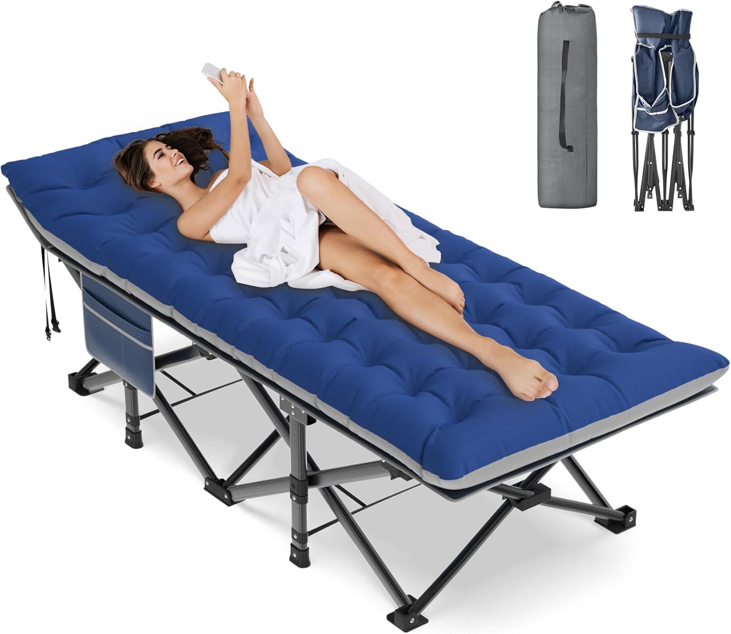 ZENPETIO Camping Cot for Adults, Heavy-Duty Portable Cot Bed with Mattress, Foldable Padded Sleeping Cots for Camping Travel Tent Day Bed Outdoor & Home Guest, Max Load 500 LBS, 75x28x15”