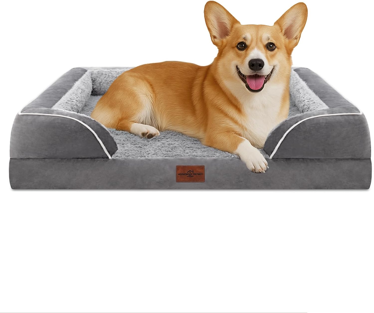 Comfort Expression Orthopedic Dog Bed for Extra Large Dogs 42x30 Inch, Waterproof Egg Crate Foam XL Pet Bed with Removable Bolsters, Dog Couch with Washable Cover & Non-Slip Bottom, Grey