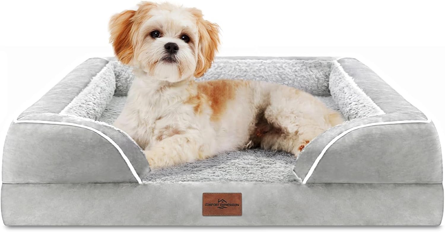 Comfort Expression Orthopedic Dog Bed for Extra Large Dogs 42x30 Inch, Waterproof Egg Crate Foam XL Pet Bed with Removable Bolsters, Dog Couch with Washable Cover & Non-Slip Bottom, Grey