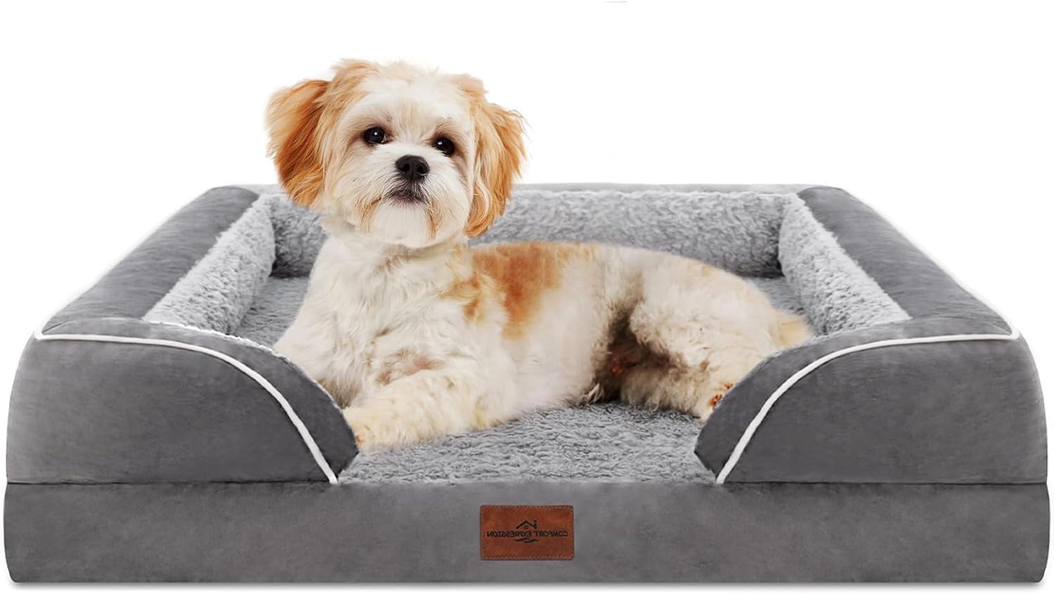 Comfort Expression Orthopedic Dog Bed for Extra Large Dogs 42x30 Inch, Waterproof Egg Crate Foam XL Pet Bed with Removable Bolsters, Dog Couch with Washable Cover & Non-Slip Bottom, Grey