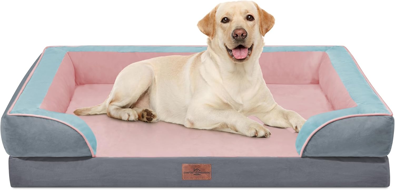 Comfort Expression Orthopedic Dog Bed for Extra Large Dogs 42x30 Inch, Waterproof Egg Crate Foam XL Pet Bed with Removable Bolsters, Dog Couch with Washable Cover & Non-Slip Bottom, Grey