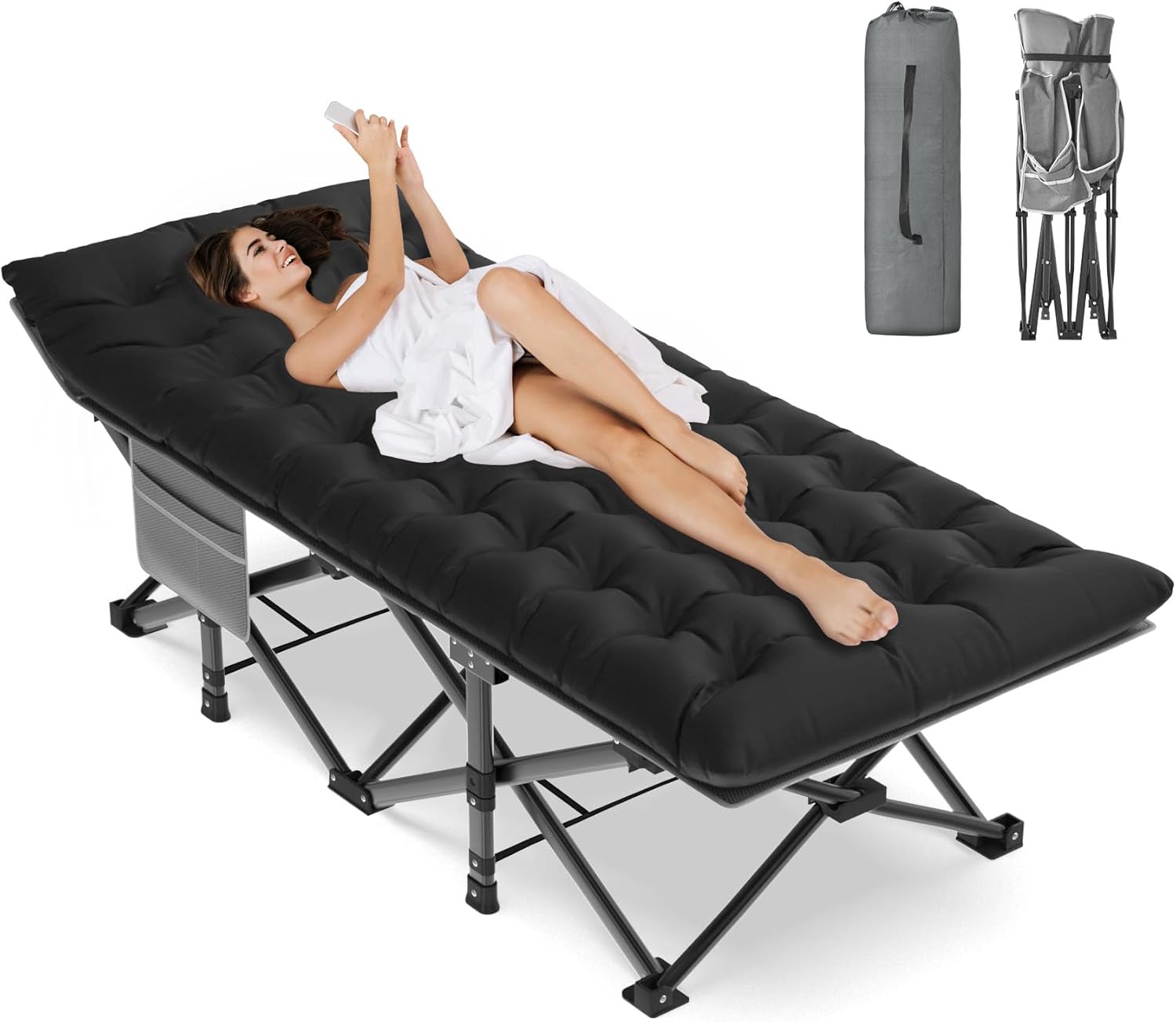 ZENPETIO Camping Cot for Adults, Heavy-Duty Portable Cot Bed with Mattress, Foldable Padded Sleeping Cots for Camping Travel Tent Day Bed Outdoor & Home Guest, Max Load 500 LBS, 75x28x15”