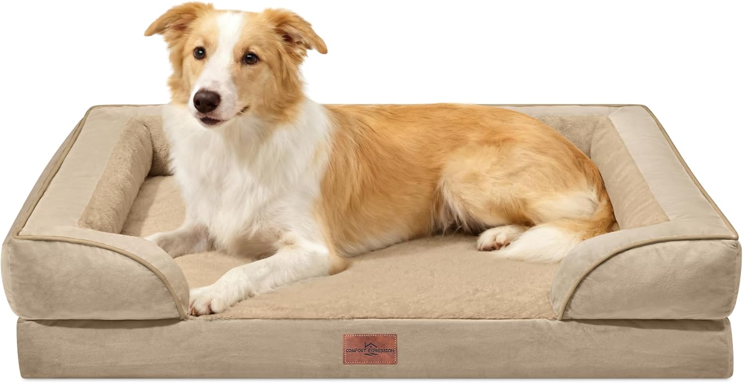 Comfort Expression Orthopedic Dog Bed for Extra Large Dogs 42x30 Inch, Waterproof Egg Crate Foam XL Pet Bed with Removable Bolsters, Dog Couch with Washable Cover & Non-Slip Bottom, Grey