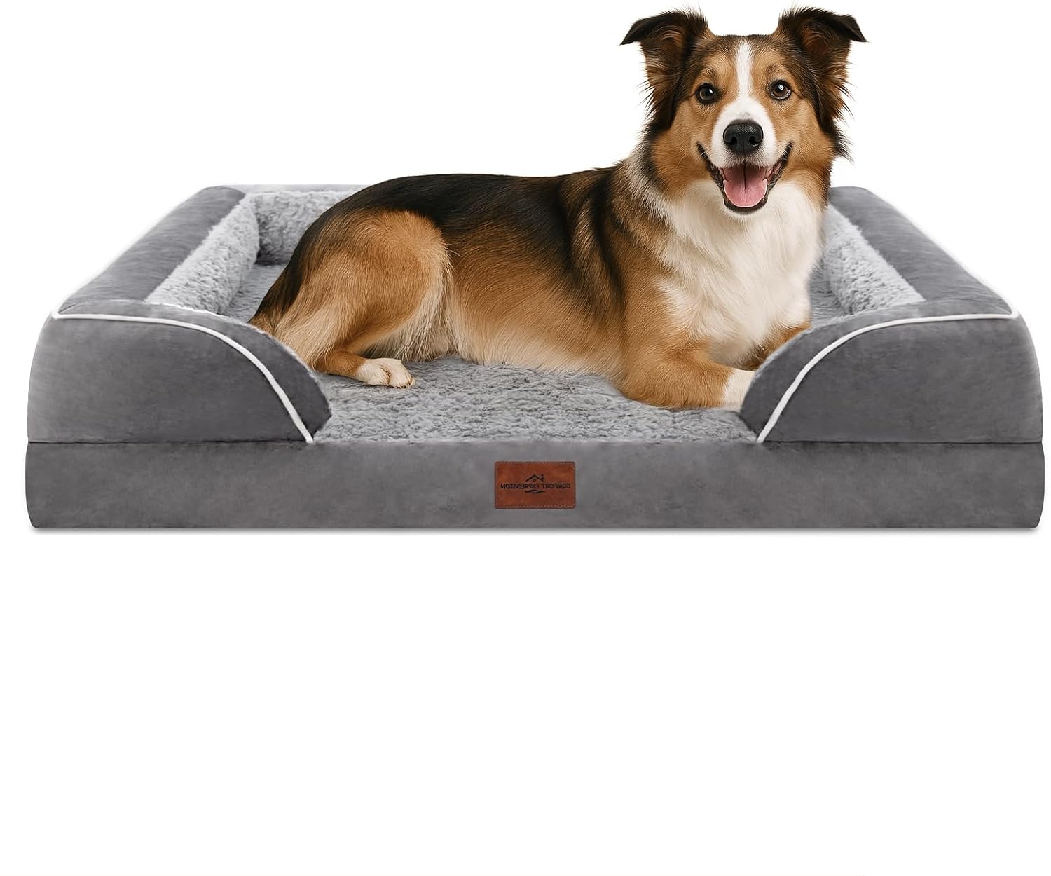 Comfort Expression Orthopedic Dog Bed for Extra Large Dogs 42x30 Inch, Waterproof Egg Crate Foam XL Pet Bed with Removable Bolsters, Dog Couch with Washable Cover & Non-Slip Bottom, Grey