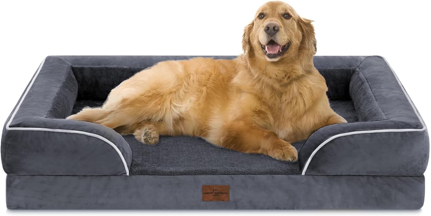 Comfort Expression Orthopedic Dog Bed for Extra Large Dogs 42x30 Inch, Waterproof Egg Crate Foam XL Pet Bed with Removable Bolsters, Dog Couch with Washable Cover & Non-Slip Bottom, Grey