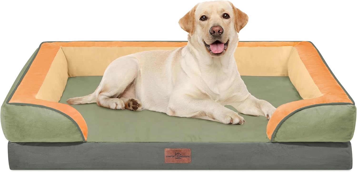 Comfort Expression Orthopedic Dog Bed for Extra Large Dogs 42x30 Inch, Waterproof Egg Crate Foam XL Pet Bed with Removable Bolsters, Dog Couch with Washable Cover & Non-Slip Bottom, Grey