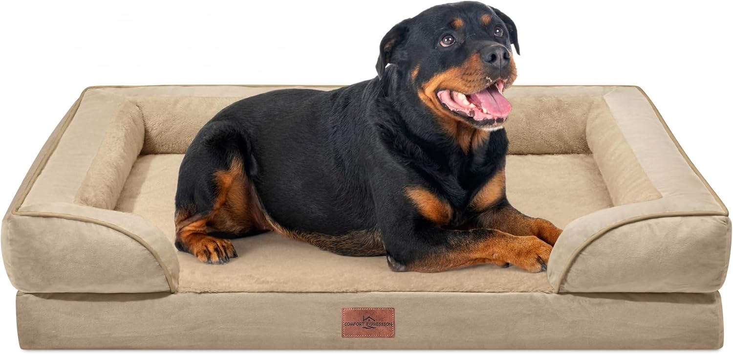 Comfort Expression Orthopedic Dog Bed for Extra Large Dogs 42x30 Inch, Waterproof Egg Crate Foam XL Pet Bed with Removable Bolsters, Dog Couch with Washable Cover & Non-Slip Bottom, Grey