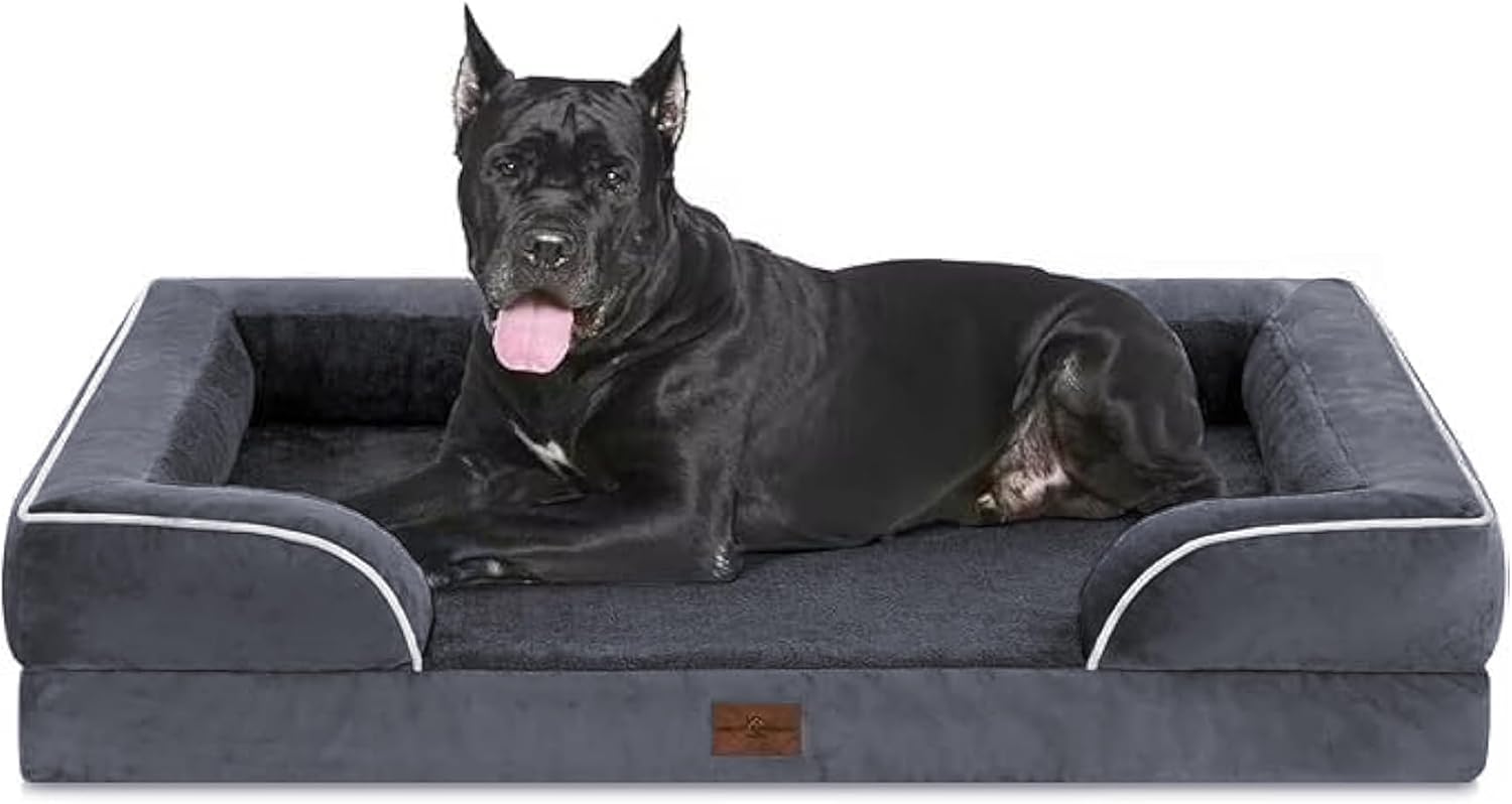 Comfort Expression Orthopedic Dog Bed for Extra Large Dogs 42x30 Inch, Waterproof Egg Crate Foam XL Pet Bed with Removable Bolsters, Dog Couch with Washable Cover & Non-Slip Bottom, Grey