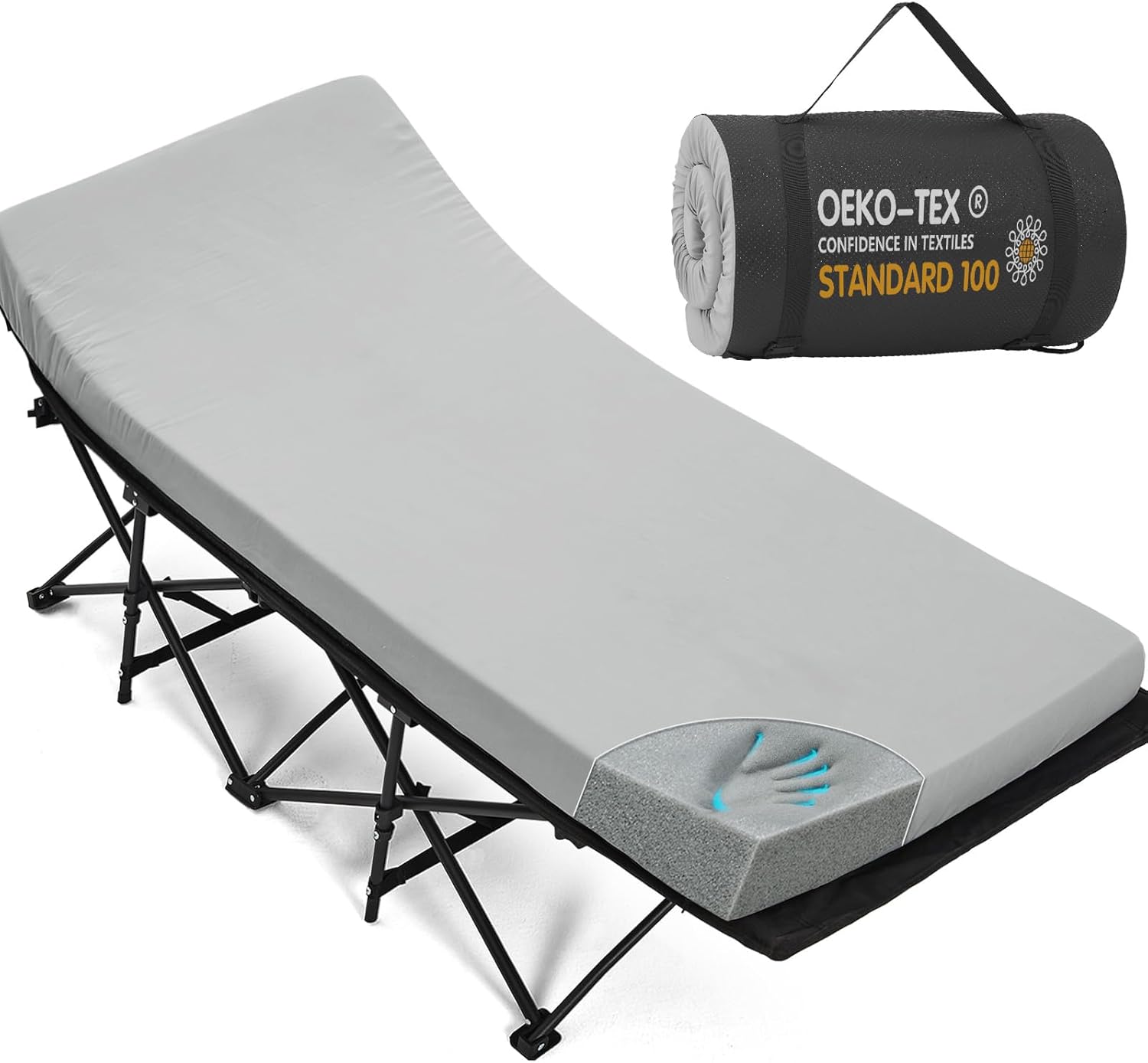 CYMULA Camping Cot Mattress 2in Memory Foam Sleeping Pad,Soft Warm Non-Slip Camping Mattress Topper with Retaining for Adults,Portable Roll up Pad for Travel(75 x30)（only Mattress）