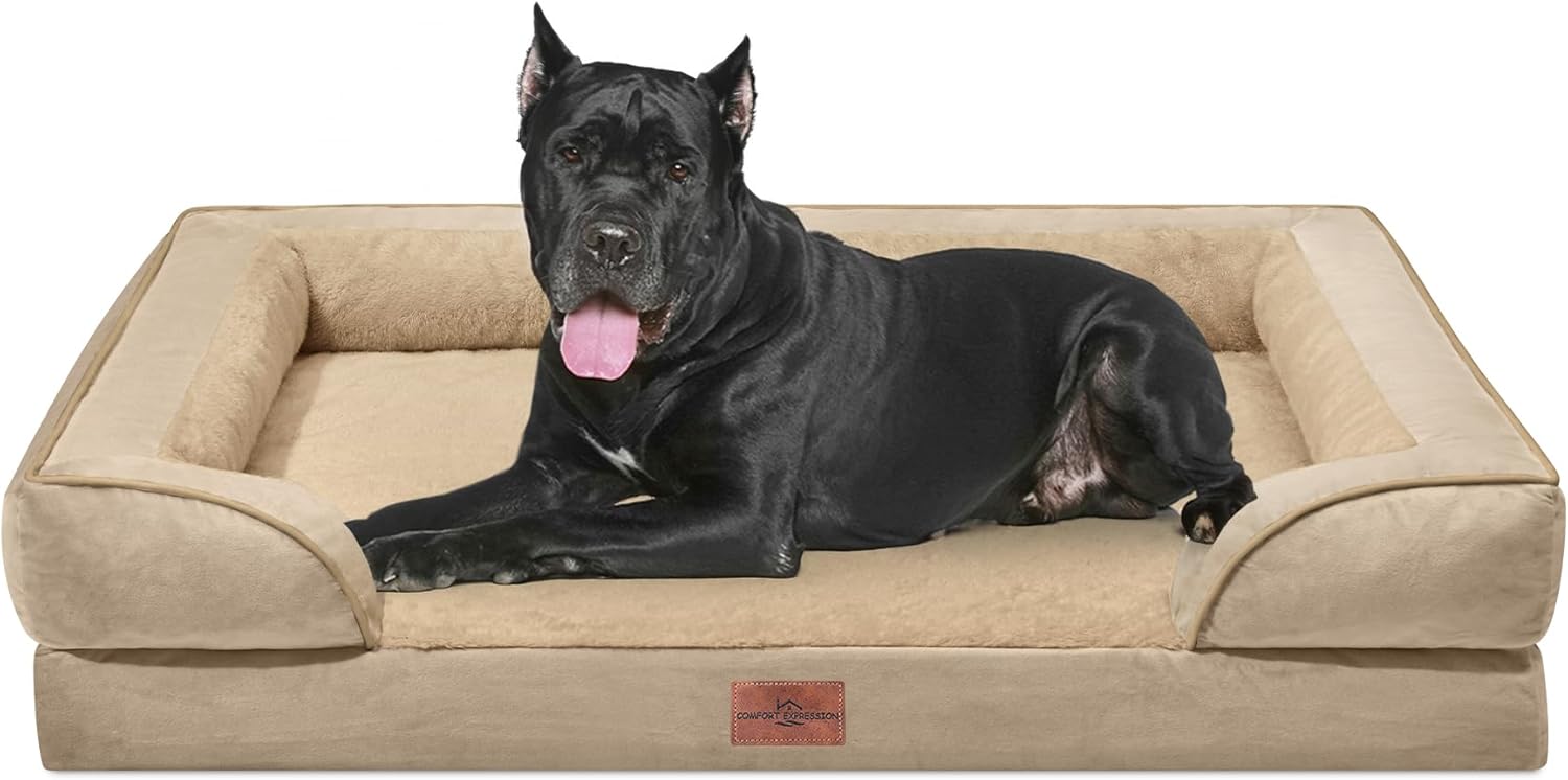Comfort Expression Orthopedic Dog Bed for Extra Large Dogs 42x30 Inch, Waterproof Egg Crate Foam XL Pet Bed with Removable Bolsters, Dog Couch with Washable Cover & Non-Slip Bottom, Grey