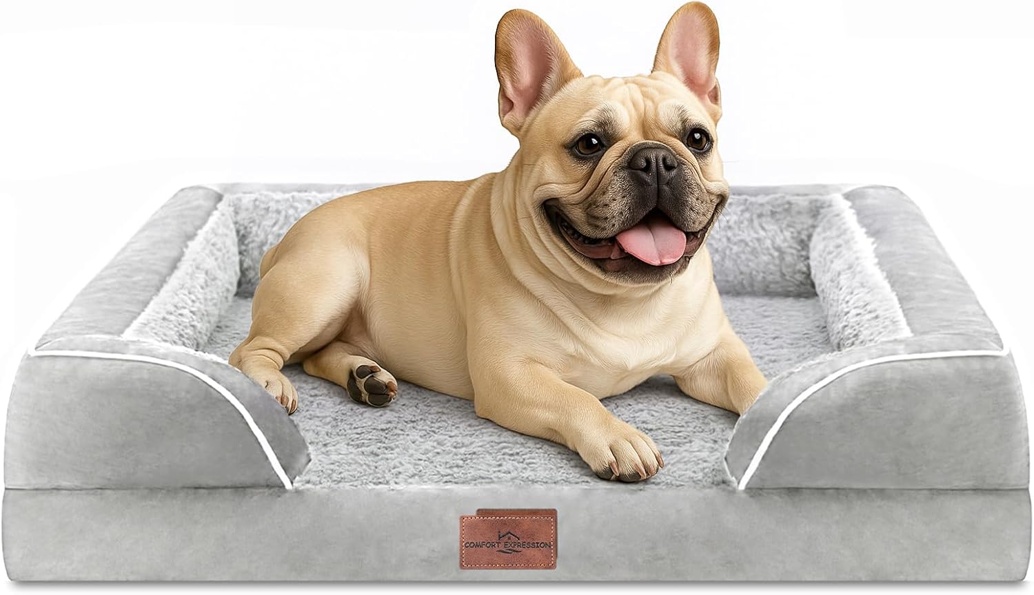 Comfort Expression Orthopedic Dog Bed for Extra Large Dogs 42x30 Inch, Waterproof Egg Crate Foam XL Pet Bed with Removable Bolsters, Dog Couch with Washable Cover & Non-Slip Bottom, Grey