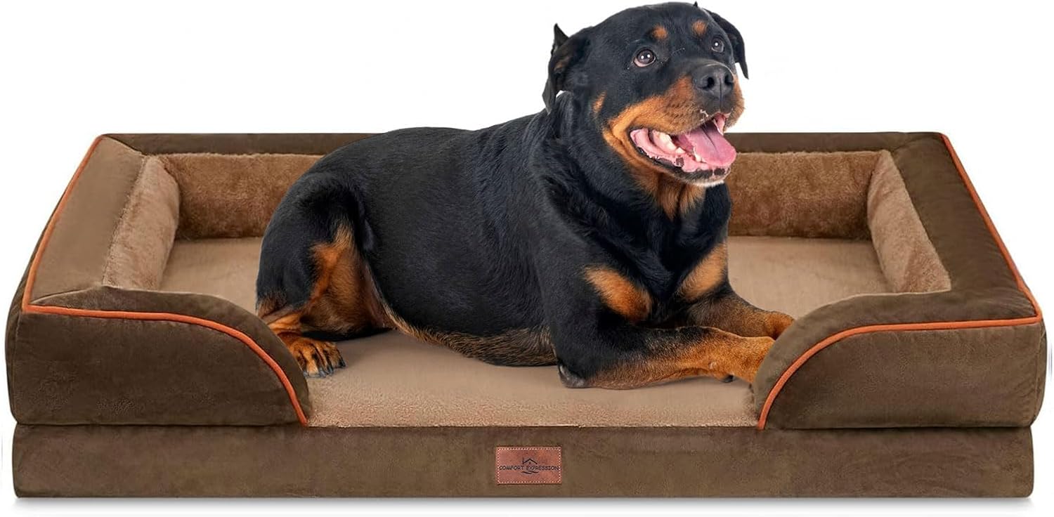 Comfort Expression Orthopedic Dog Bed for Extra Large Dogs 42x30 Inch, Waterproof Egg Crate Foam XL Pet Bed with Removable Bolsters, Dog Couch with Washable Cover & Non-Slip Bottom, Grey