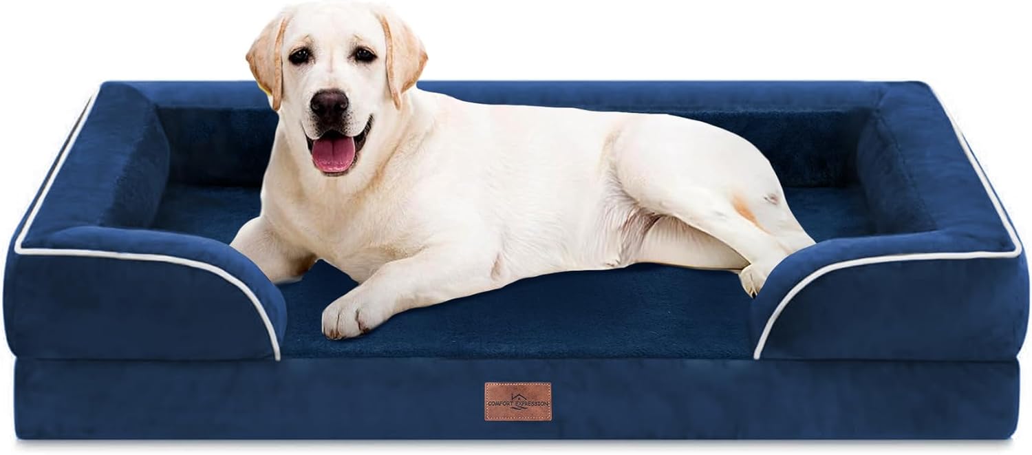 Comfort Expression Orthopedic Dog Bed for Extra Large Dogs 42x30 Inch, Waterproof Egg Crate Foam XL Pet Bed with Removable Bolsters, Dog Couch with Washable Cover & Non-Slip Bottom, Grey