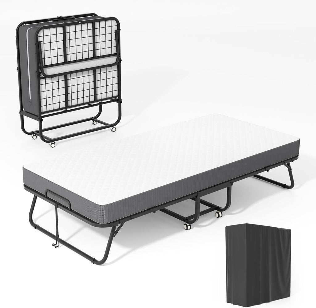 75" x 38" Twin Folding Bed with 5" Memory Foam Mattress – Foldable Rollaway Guest Bed with Wheels & Metal Frame, Portable for Apartments, Adults, and Home Use