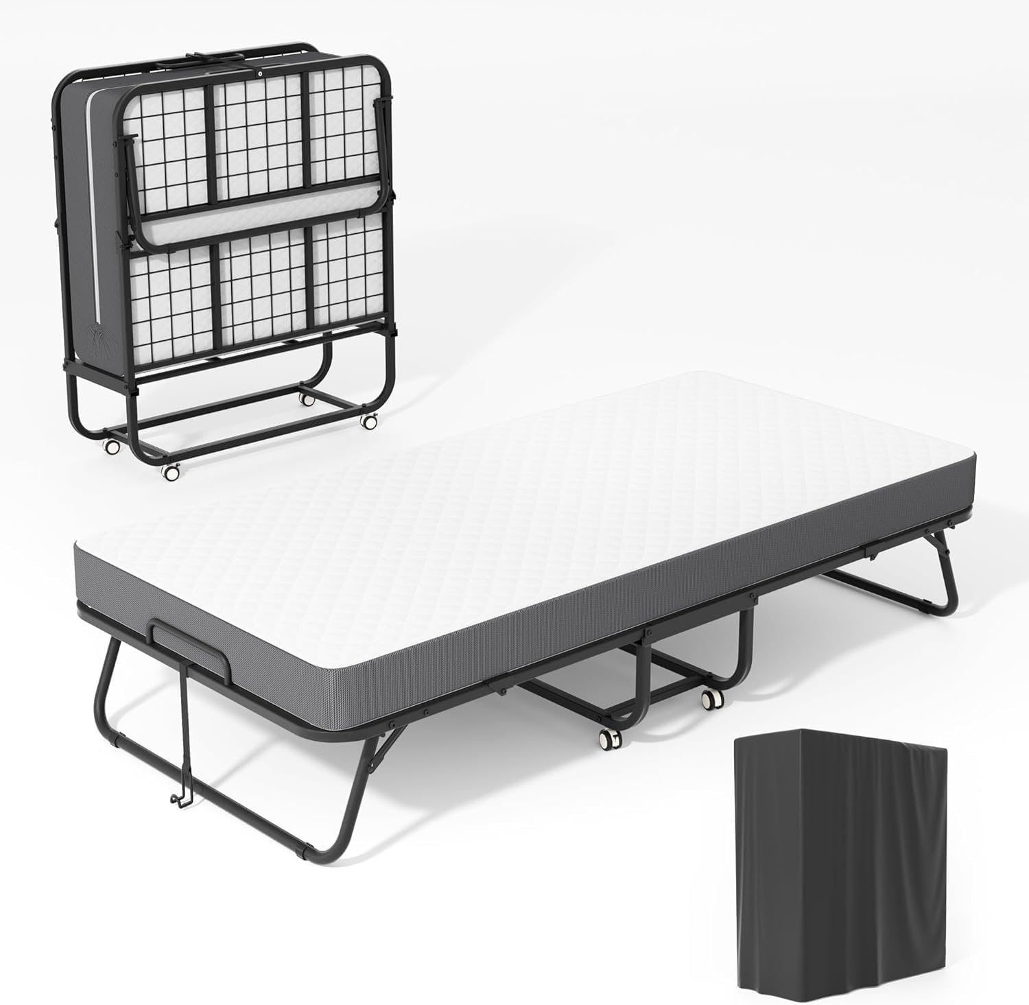 75" x 38" Twin Folding Bed with 5" Memory Foam Mattress – Foldable Rollaway Guest Bed with Wheels & Metal Frame, Portable for Apartments, Adults, and Home Use