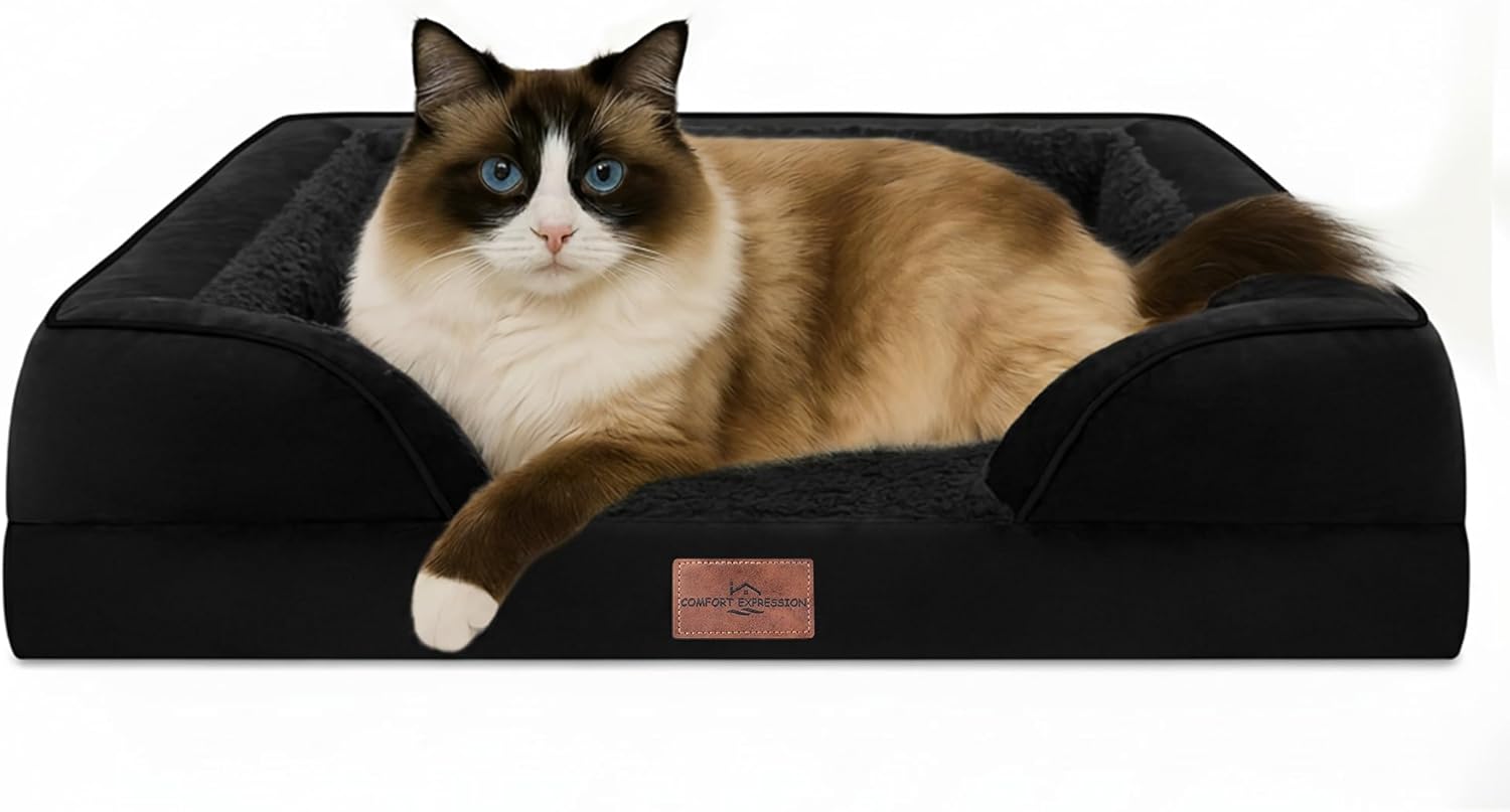 Comfort Expression Orthopedic Dog Bed for Extra Large Dogs 42x30 Inch, Waterproof Egg Crate Foam XL Pet Bed with Removable Bolsters, Dog Couch with Washable Cover & Non-Slip Bottom, Grey